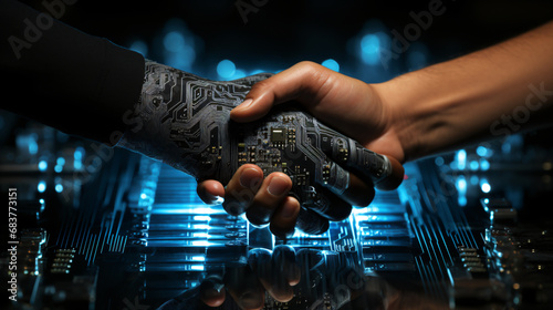 Two people shake hands on business. One of their hands is full of circuits and electronics. Technology and circuit boards in the background