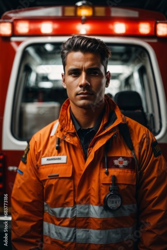 A male employee of the emergency medical service, a paramedic near an ambulance photo
