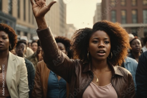 African American woman marching in protest with a group of people. photo