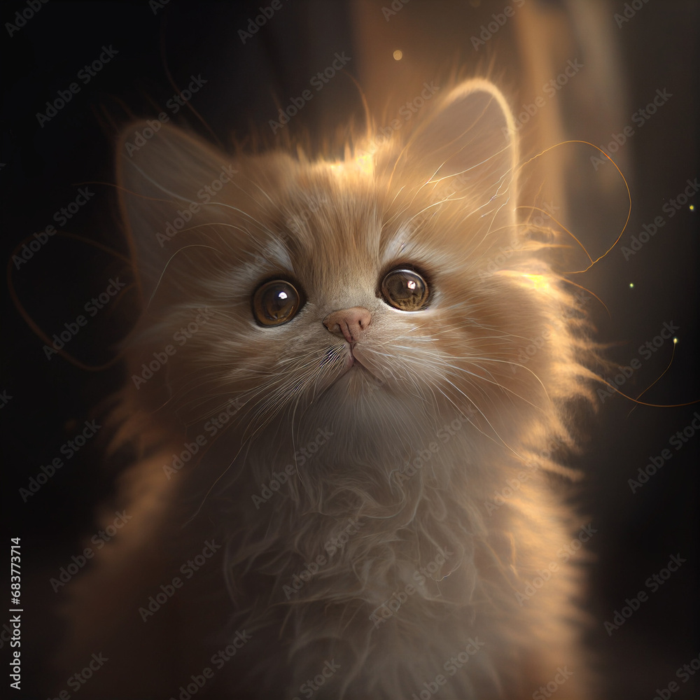 little brown and white cat with light blur bg