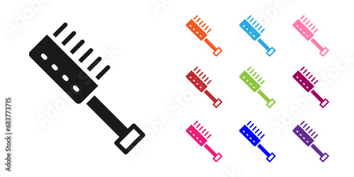Black Sauna brush icon isolated on white background. Wooden brush with coarse bristles for washing in the bath. Anti cellulite massage. Set icons colorful. Vector