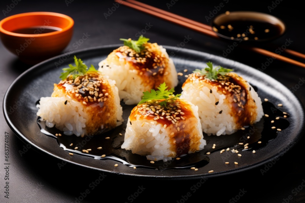 A delicious serving of Yaki Onigiri, perfectly grilled Japanese rice balls, garnished with seaweed and sesame seeds, served on a traditional ceramic plate A delicious serving of Yaki Onigiri, perfectly grilled Japanese rice balls, garnished with seaweed and sesame seeds, served on a traditional ceramic plate