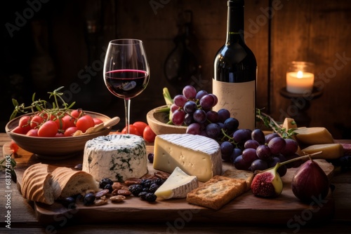 A beautifully presented bottle of Xinomavro, a rich red Greek wine, alongside a platter of assorted cheeses, fruits and bread on a rustic wooden table photo