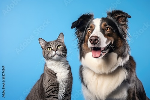 Tabby cat and border collie dog against blue gradient background