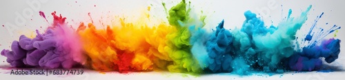 rainbow colored powder is spray painted on the background of white background impressionist collages with primary colors light blue and green, header size photo