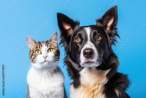 Tabby cat and border collie dog against blue gradient background © Muh