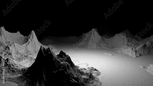 Isometry 3d square area. Abstract landscape background. 3D technology animated landscape. Digital Terrain Cyberspace in Mountains with valleys. Black on White. Scary place on an uncharted planet photo