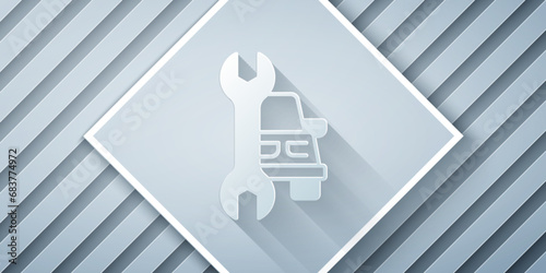 Paper cut Car service icon isolated on grey background. Auto mechanic service. Repair service auto mechanic. Maintenance sign. Paper art style. Vector