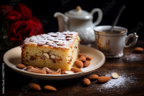 A beautifully presented friand, a French almond cake, delicately dusted with powdered sugar, served on a rustic wooden table with a cup of coffee and a vintage silver spoon