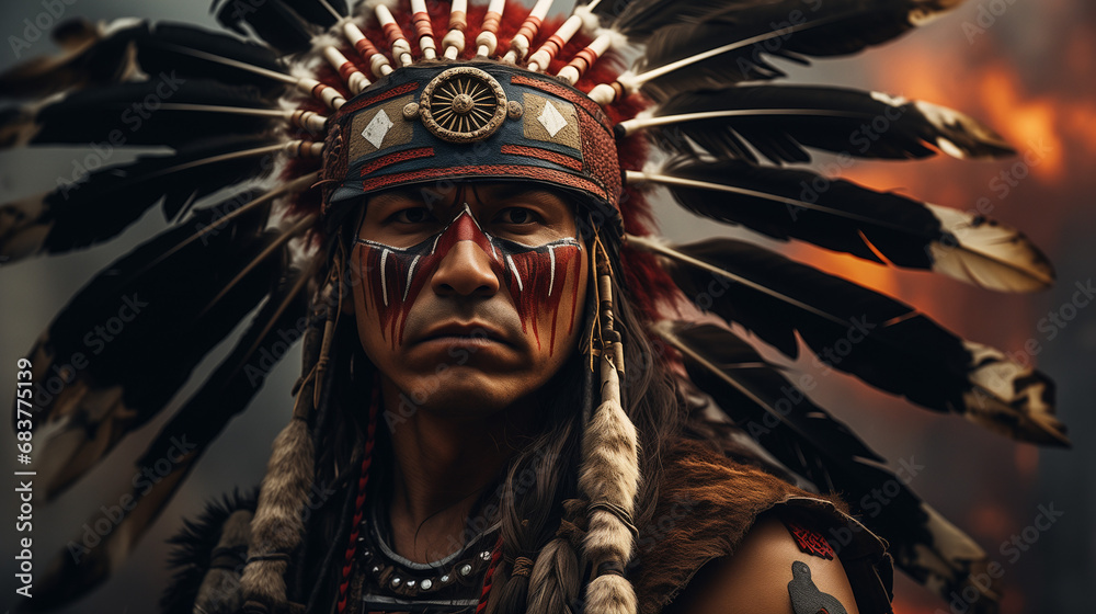 Native American Warrior in Ceremonial Attire Digital Painting Style