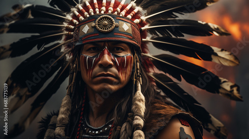 Native American Warrior in Ceremonial Attire Digital Painting Style