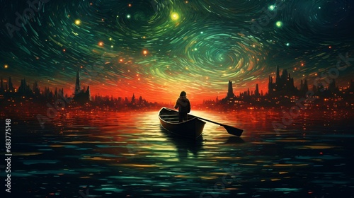 sailor in a boat under a starry night sky, colorful mindscapes, painterly lines, light red and green