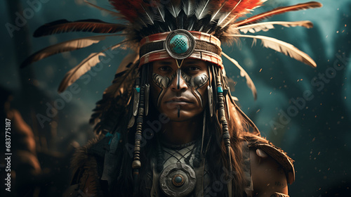 Native American Warrior in Ceremonial Attire Digital Painting Style