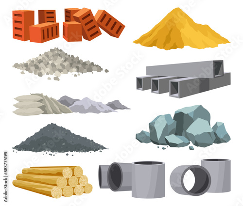 Building materials. Construction concept. Illustrations can be used for construction sites or illustrate renovation works. Bricks, planks, metal, sand and stone pipes vector set