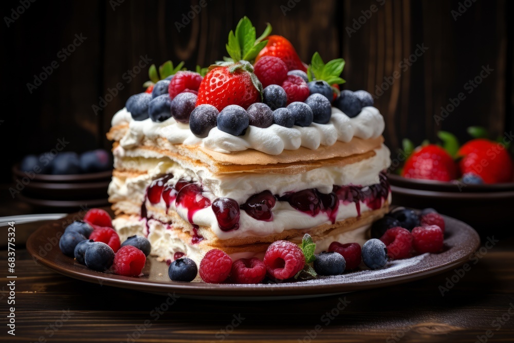 A beautifully decorated torte with layers of cream and fruit, garnished with fresh berries and mint leaves, served on a rustic wooden table A beautifully decorated torte with layers of cream and fruit, garnished with fresh berries and mint leaves, served on a rustic wooden table