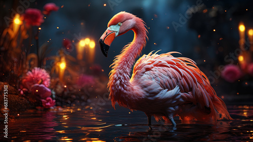 Beautiful Flamingo At River Blurry Background