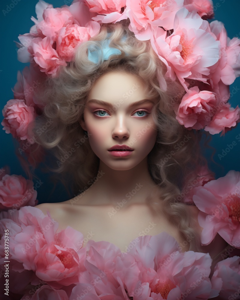 woman holding pink flowers and wearing makeup in an artistic way, cyan and amber, intense gaze, luminescent color scheme