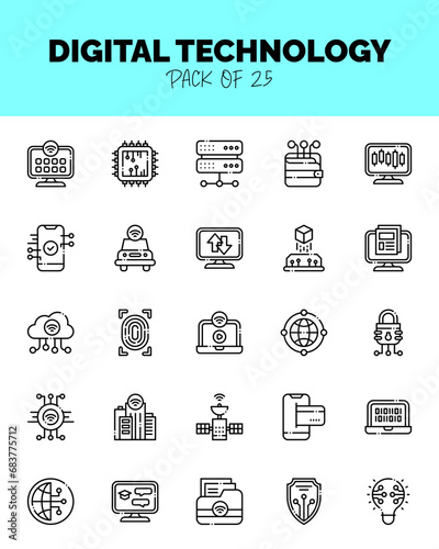 set of Digital Technology Lineal Cut icons for logo & web. Vector illustration
