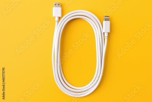 White Apple lightning to USB C cable coiled on yellow backdrop