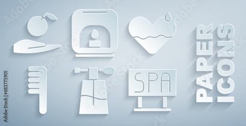 Set Perfume, Heart heal, Hairbrush, Spa salon signboard, Aroma lamp and Apple in hand icon. Vector