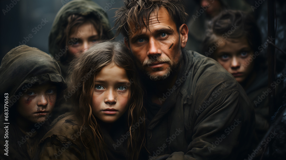 Shelter in conflict. A family hiding in warzone Shelter in conflict. A family hiding in warzone