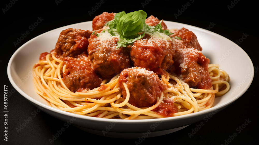 Classic Italian Spaghetti and Meatballs on Black Background