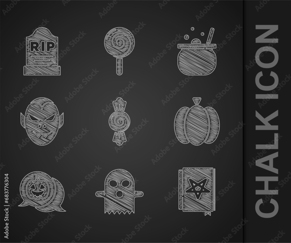 Set Candy, Ghost, Ancient magic book, Pumpkin, Vampire, Halloween witch cauldron and Tombstone with RIP written icon. Vector Set Candy, Ghost, Ancient magic book, Pumpkin, Vampire, Halloween witch cauldron and Tombstone with RIP written icon. Vector