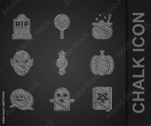 Set Candy, Ghost, Ancient magic book, Pumpkin, Vampire, Halloween witch cauldron and Tombstone with RIP written icon. Vector