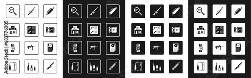Set Trap hunting, Weapon catalog, Hunting shop weapon, Pistol or gun search, M16A1 rifle, Firearms license certificate and Pepper spray icon. Vector