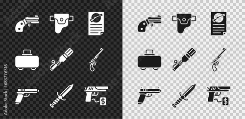 Set Small gun revolver, Gun in holster, Firearms license certificate, Pistol or, Military knife, Buying pistol, Weapon case and Anti-tank hand grenade icon. Vector