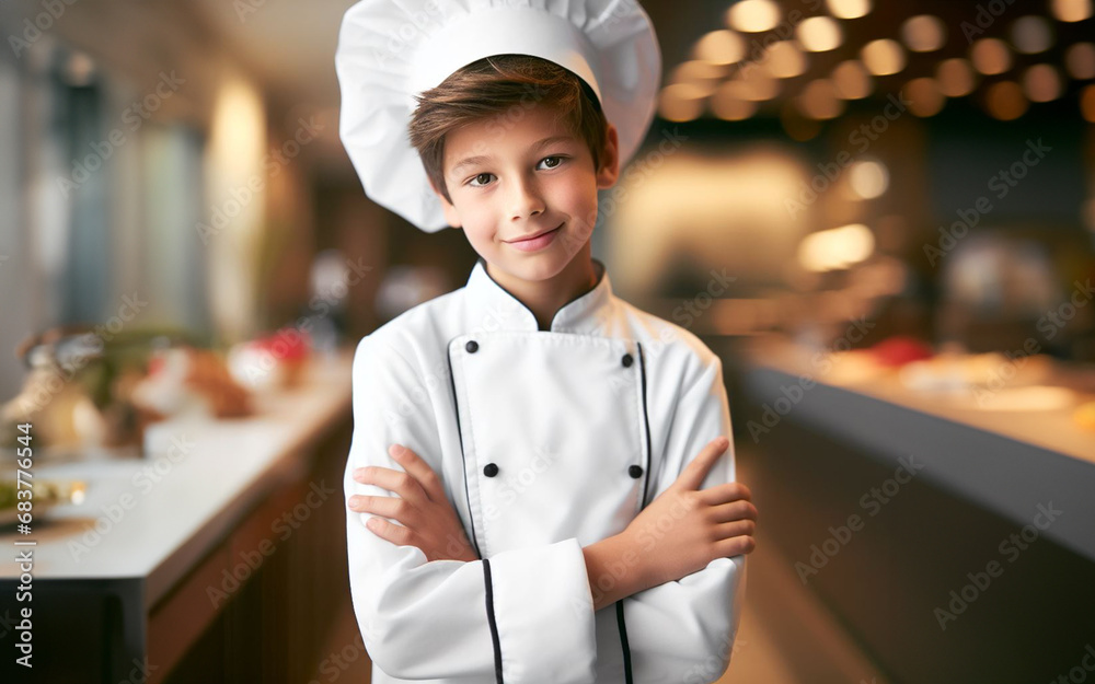Child wearing a chef uniform Chef uniform Blurred kitchen background Future career dream ideas dream career