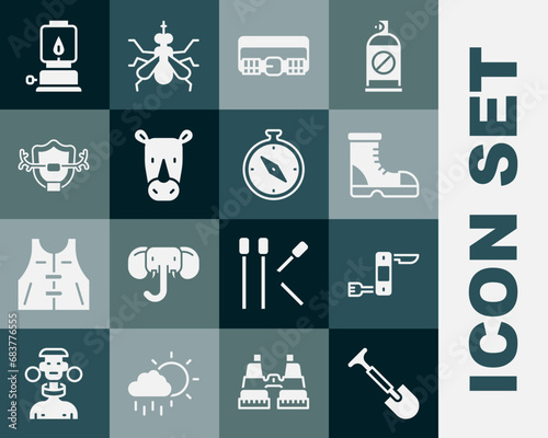 Set Shovel, Swiss army knife, Hunter boots, Hunting cartridge belt, Rhinoceros, Deer antlers on shield, Camping lantern and Compass icon. Vector