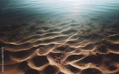 underwater sand floor under the empty sea The sun shines down under the water. The sand surface is in the shape of waves. The water is clear under the sea