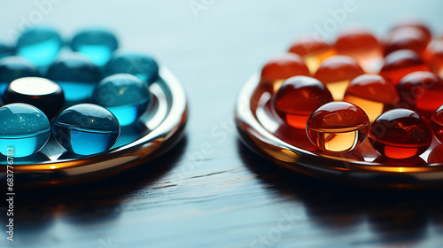 two bowls stand next to each other, one with red pills, the other with blue pills photo