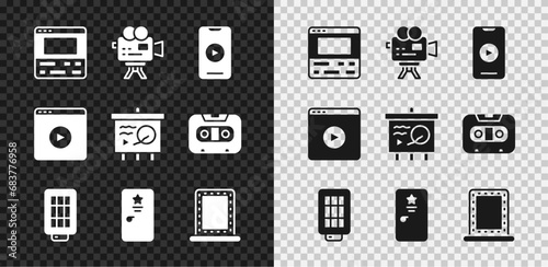 Set Video recorder on laptop, Retro cinema camera, Online play video, Softbox light, Backstage, Makeup mirror with lights, and Scenario chalkboard icon. Vector