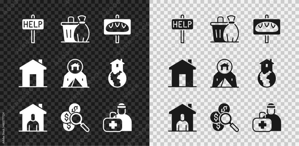 Set Ask for help text, Trash can, Donation food, Shelter homeless, Search money, First aid kit, Real estate and Tourist tent icon. Vector Set Ask for help text, Trash can, Donation food, Shelter homeless, Search money, First aid kit, Real estate and Tourist tent icon. Vector