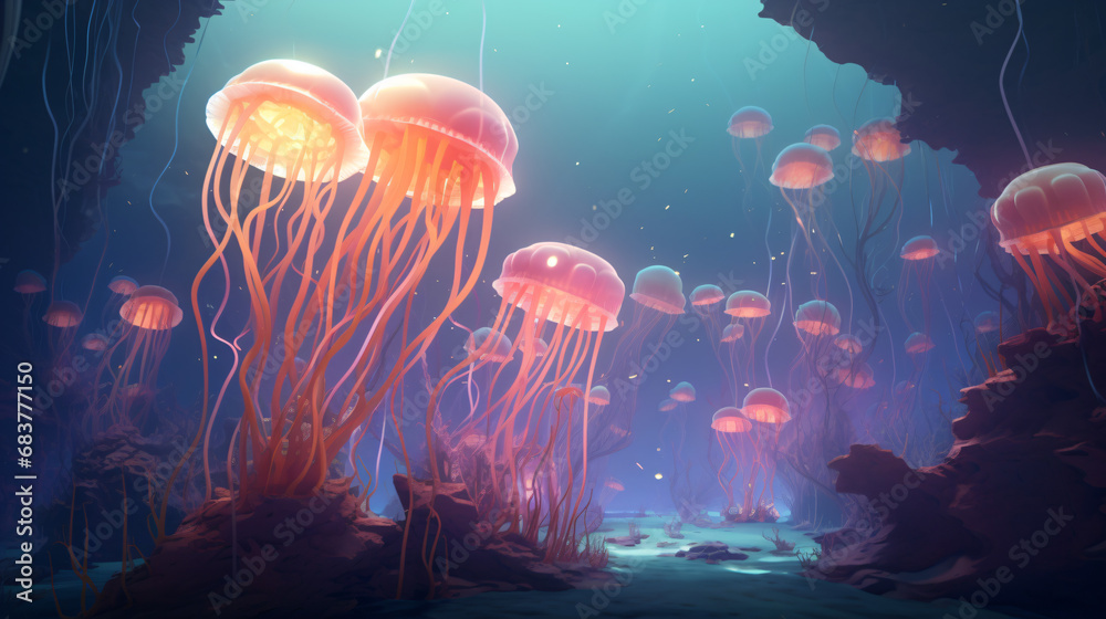 A group of jellyfish swimming over a coral reef