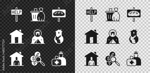 Set Ask for help text, Trash can, Donation food, Shelter homeless, Search money, First aid kit, Real estate and Tourist tent icon. Vector