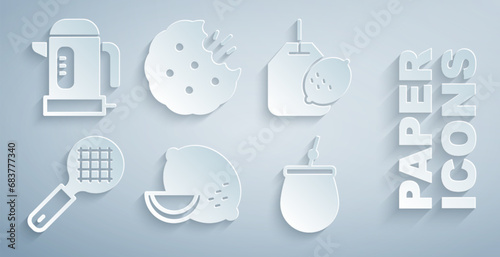 Set Lemon, Tea bag with lemon, strainer handle, Mate tea, Cookie or biscuit and Electric kettle icon. Vector
