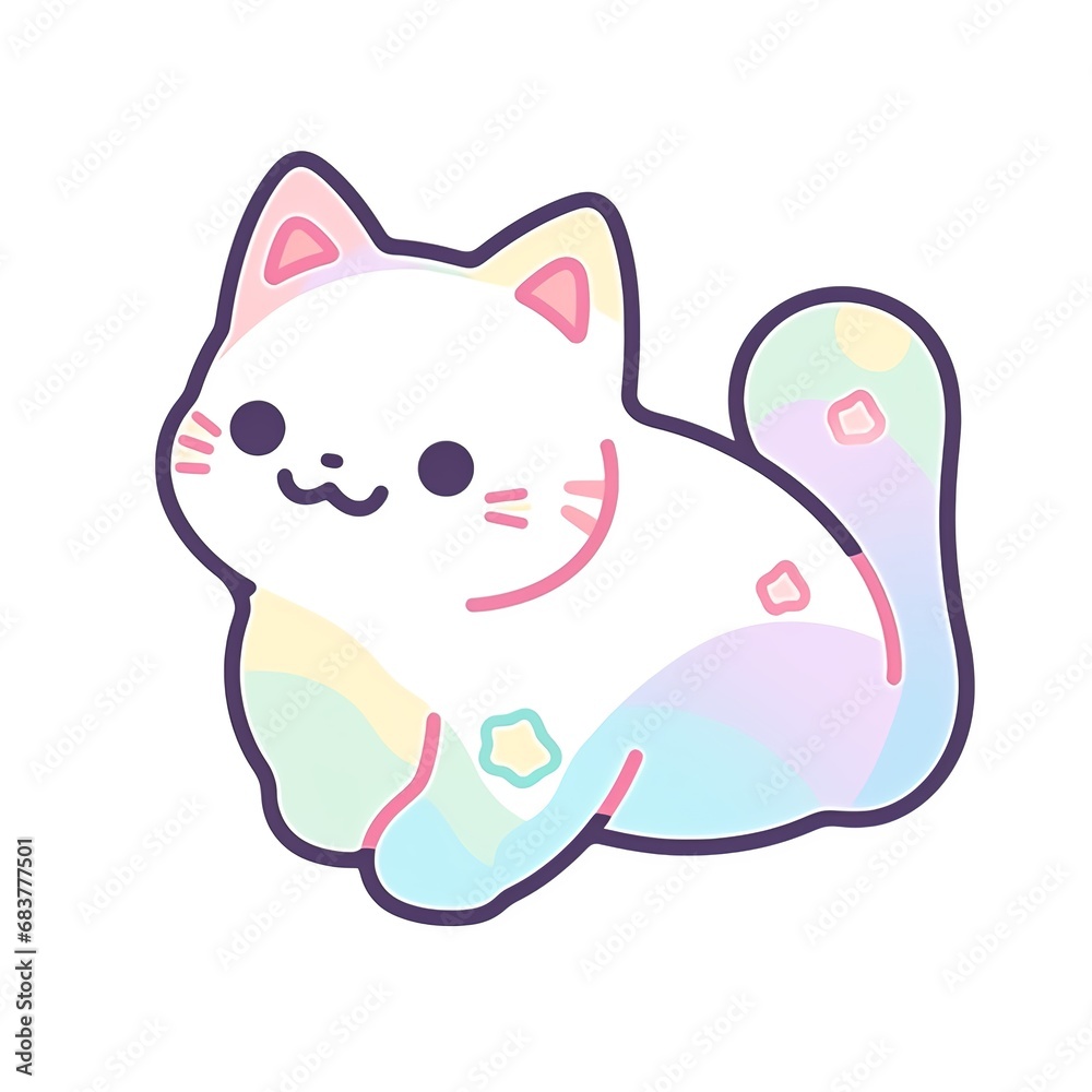 cat, Sticker, Cheerful, Soft Color, Anime, Contour, Vector, White Background