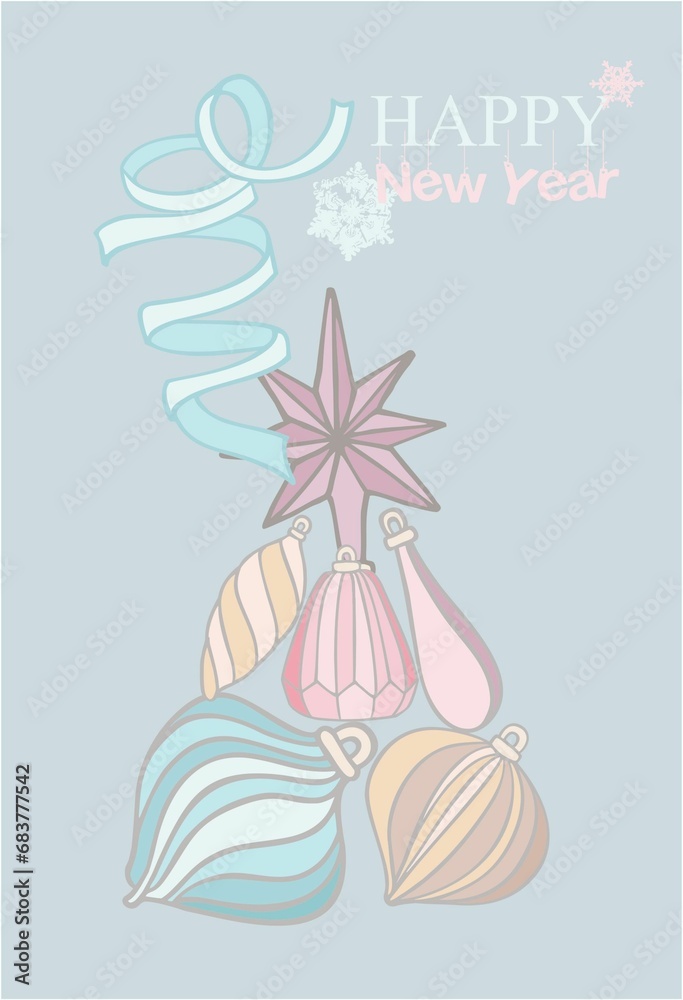 A ready-to-print poster (card) on a New Year's and Christmas theme made of cartoon elements in pastel colors with text. Handmade digital illustration