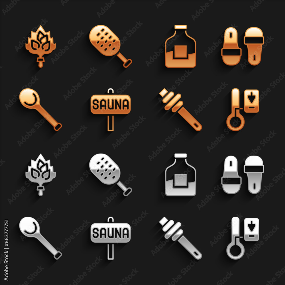 Φωτογραφία Set Sauna, slippers, thermometer, Honey dipper stick, ladle, Bottle of vodka, broom and brush icon