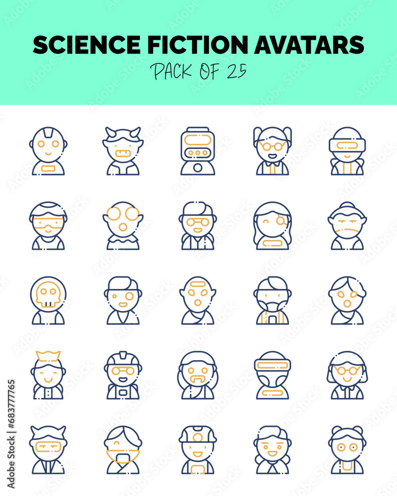 set of Science Fiction Avatars Two Color icons for logo & web. Vector illustration