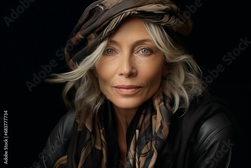 Graceful Aging: Portrait of a Chic Mature Woman with Headscarf