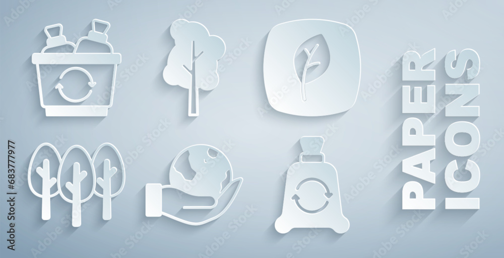 Set Hand holding Earth globe, Leaf Eco symbol, Tree, Garbage bag with recycle, and Recycle bin icon. Vector Set Hand holding Earth globe, Leaf Eco symbol, Tree, Garbage bag with recycle, and Recycle bin icon. Vector