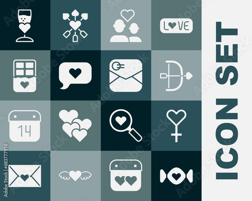 Set Candy, Female gender symbol, Bow arrow, Lover couple, Heart in speech bubble, Chocolate bar, Glass of champagne and Envelope with Valentine heart icon. Vector