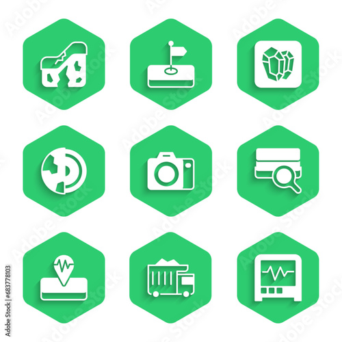 Set Photo camera, Mining dump truck, Seismograph, Soil analysis, Earthquake, core structure crust, Gem stone and Geological fault icon. Vector