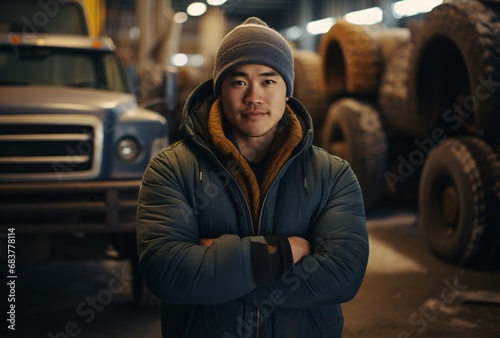 the man in a beanie standing in a garage with many semi trucks, indigenous culture, prairiecore, studio portrait photo
