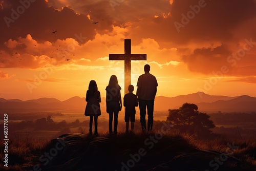 Personne de dos avec une grand croix religieuse devant eux dans la nature au couché du soleil photo