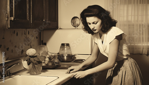 Vintage portrait of a unhappy housewife in the kitchen. Young beauty woman cooks in the kitchen retro style old design photo